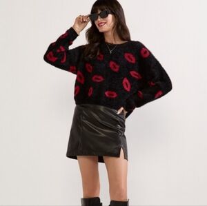 Francesca's Black Fuzzy Red Lips Cozy Valentine's Oversized Sweater